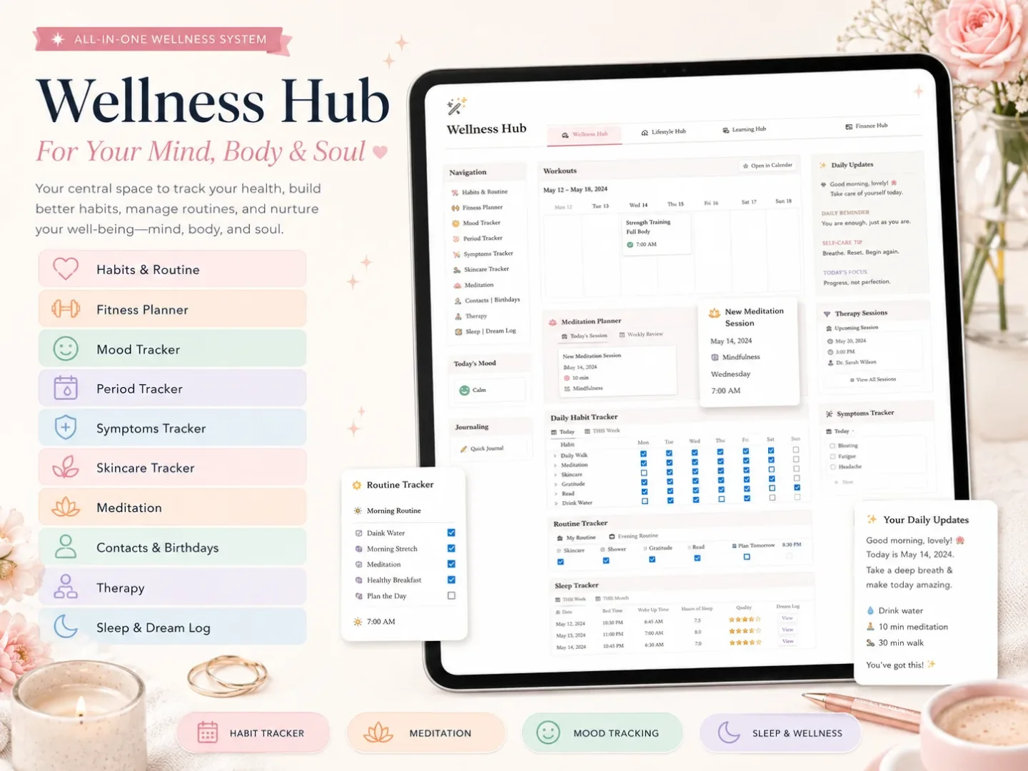 The Wellness Hub in Her's Notion Planner, showing a weekly habit tracker and routine checkboxes