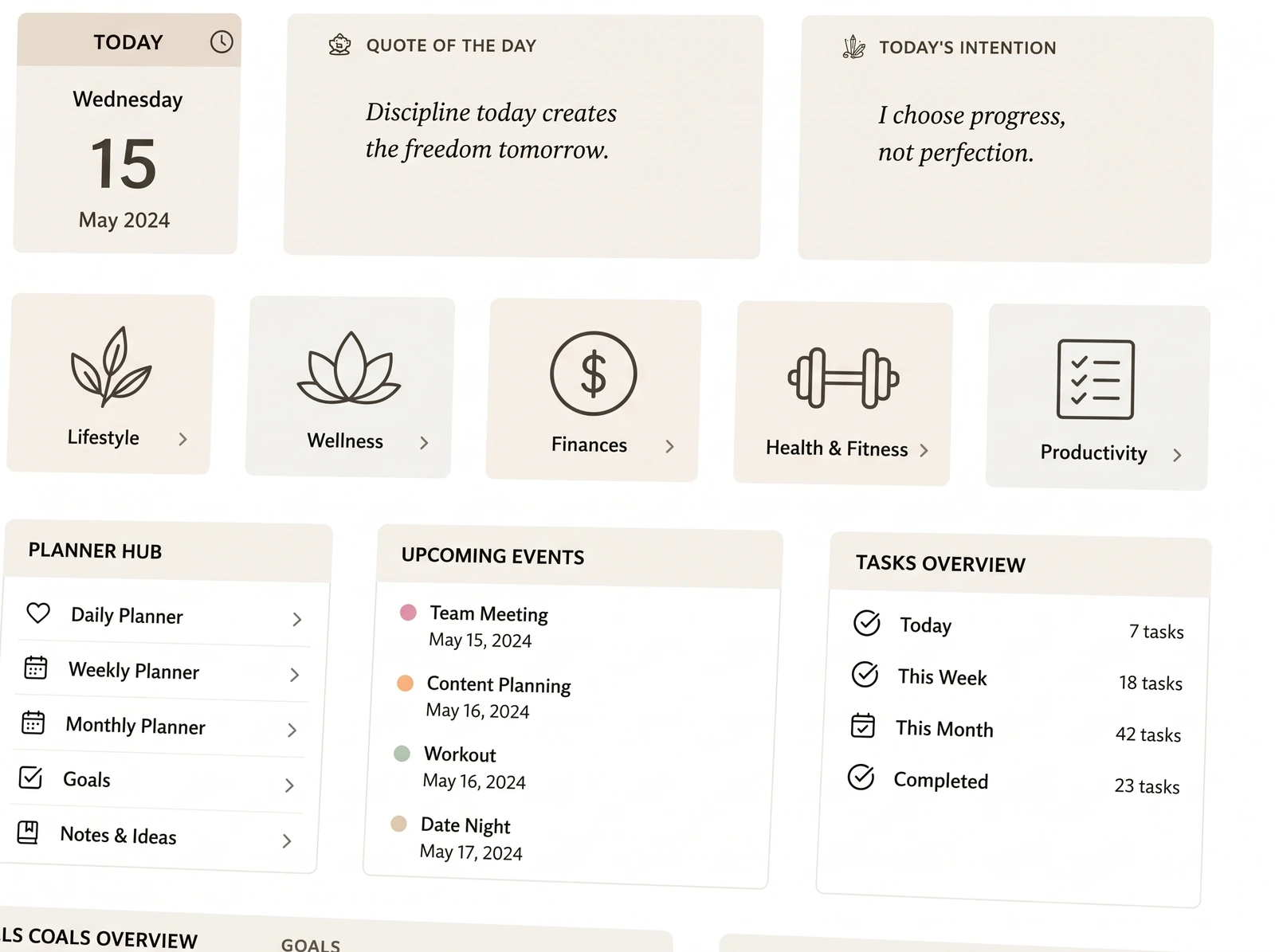 A Pretty Template Has to Survive Real Entries: the Her's Notion Planner home dashboard with five hub shortcuts, upcoming events, tasks overview and goals progress