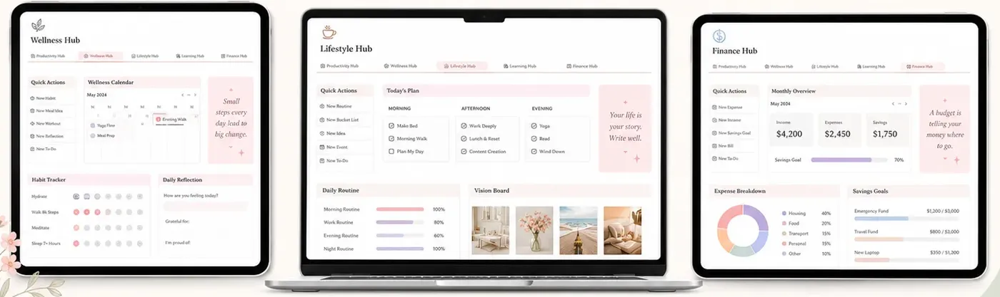 Match the Look to the Life You Plan: the Wellness, Lifestyle and Finance hubs of Her's Notion Planner on tablet and laptop screens
