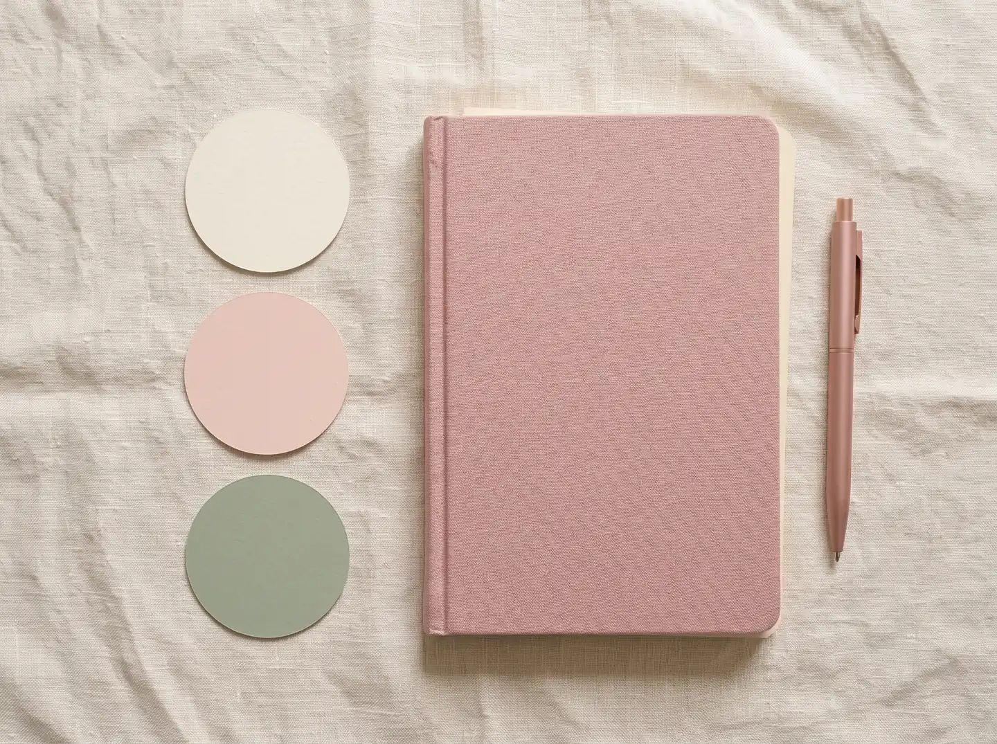 Pick the Palette Before the Layout: cream, blush pink and sage green swatches beside a pink notebook and pen on linen