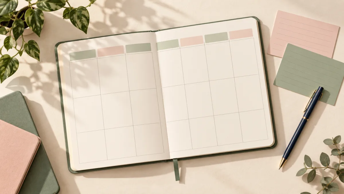Cream, blush and sage planner cards arranged in a calm editorial still life
