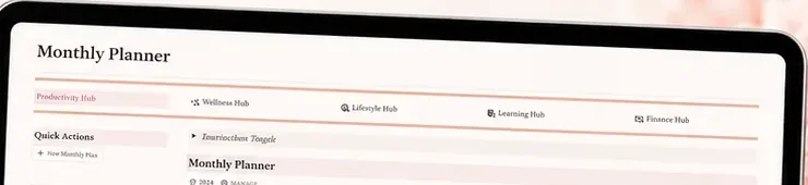 Monthly planner view with the five hub navigation tabs in Her's Notion Planner