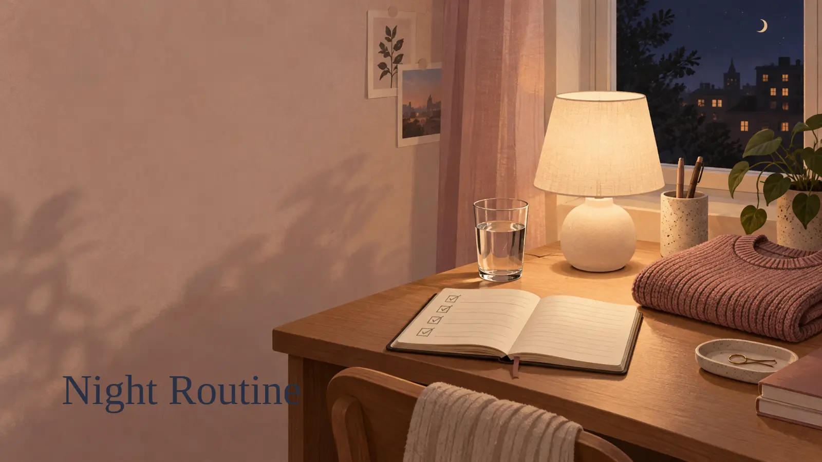 Night routine with a notebook, a short tomorrow list and a softly lit bedside table