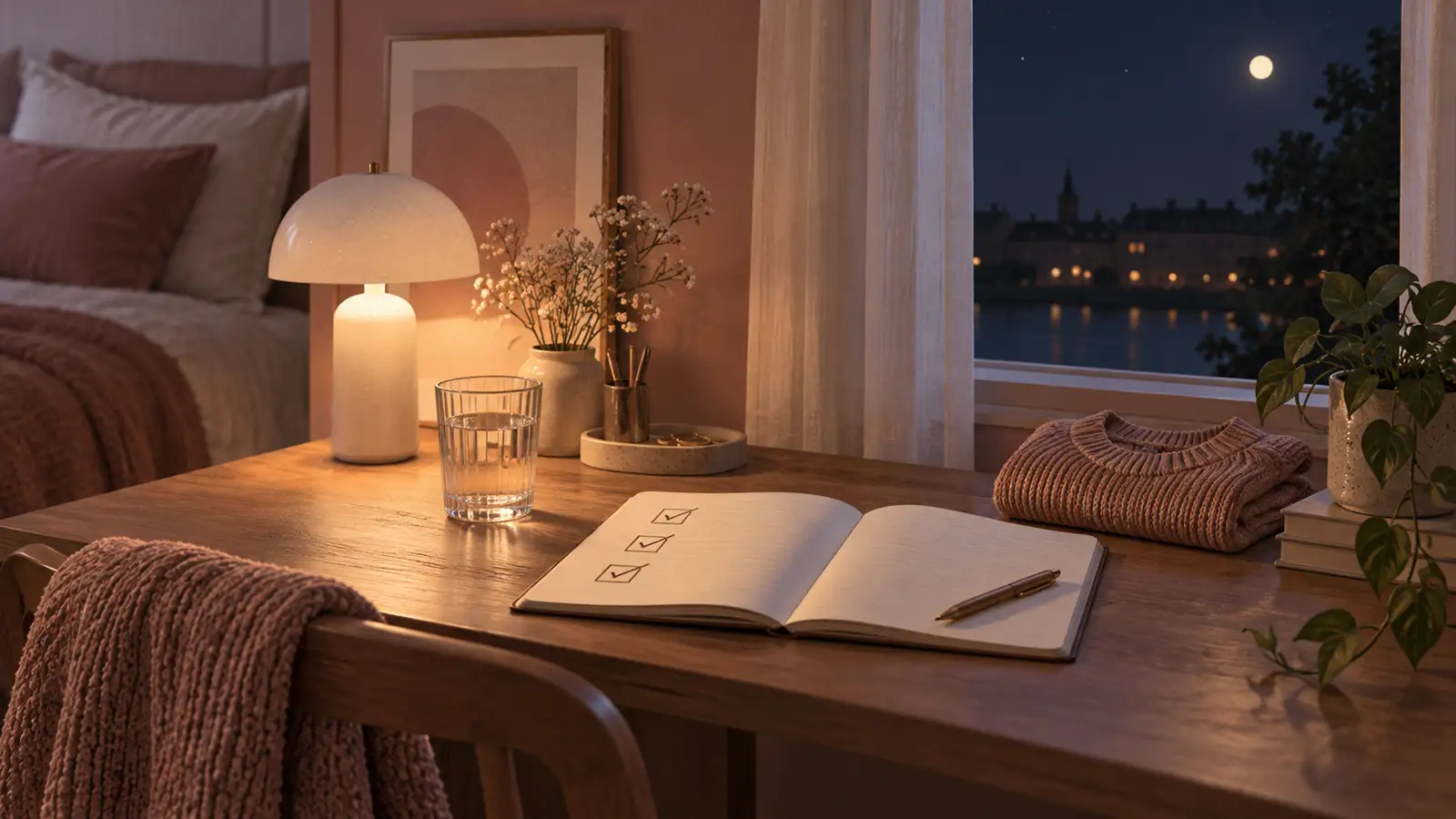 A five-minute night routine checklist with three tomorrow-planning prompts and a wind-down step