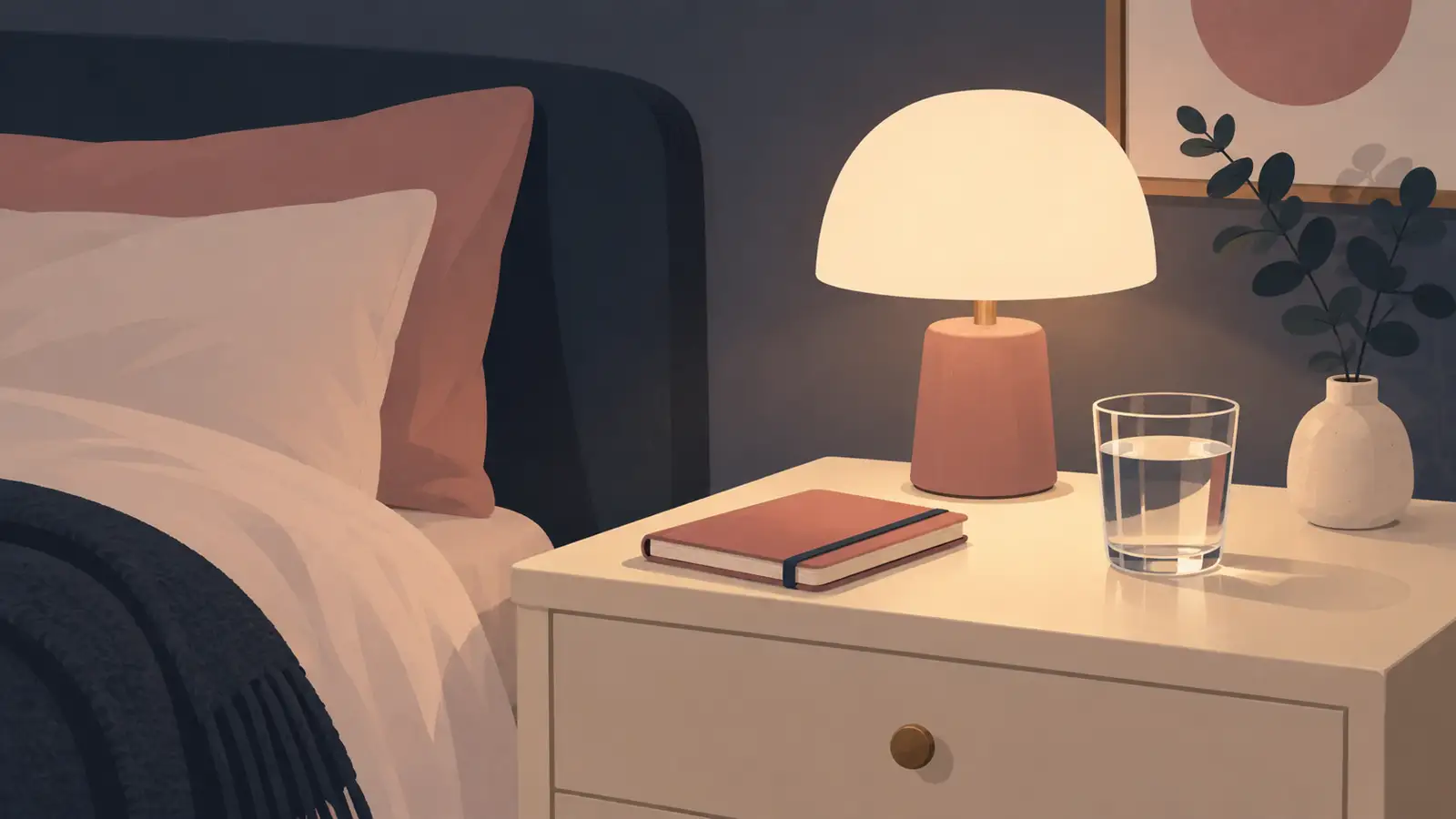 A soft evening wind-down with a book, warm lamp and a phone charging away from the bed