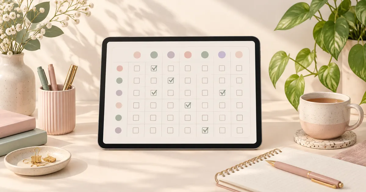 Illustration of a tablet with a weekly habit tracker grid and a few checked boxes